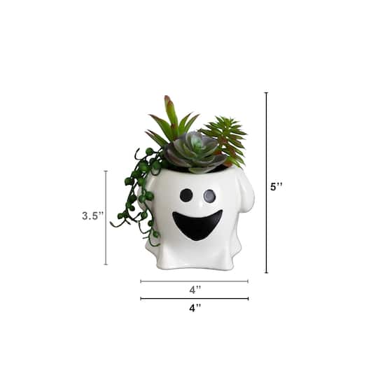 5" Artificial Halloween Succulent Garden in Happy Ghost Planters Set
